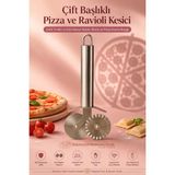 Transformacion Pizza ve Ravioli Kesici - Profesyonel Çelik Çift Başlıklı Tırtıklı ve Düz Hamur Ruleti, Mantı ve Pizza Kesme Bıçağı 19x8 cm 721987 - Gri