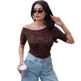 Transparan Kumaş Leopar Desenli Düşük Omuz Bluz (M)