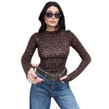 Transparan Kumaş Leopar Desenli Parmak Geçmeli Bluz, Uzun Kollu, Kahverengi (L)