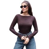 Transparan Kumaş Uzun Kollu Bluz, Kadın Crop Top, Beyaz Siyah Kahverengi (Kahve, L)