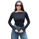 Transparan Kumaş Uzun Kollu Bluz, Kadın Crop Top, Beyaz Siyah Kahverengi (Siyah, M)