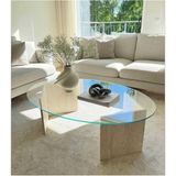 TRAVERTEN V AYAKLI ORTA SEHPA- TEMPERLİ CAM-OVAL- 60*110 cm - bej