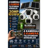 TRCharger TR-C407 4 Kameralı 20MP 3 Kamerası Telefondan Döner PTZ 4G Güneş Enerjili Güvenlik Kamerası 16000mAh Yapay Zeka