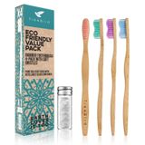 TreeBird Bambu Diş Fırçası 4'lü Paket ve Kompostlanabilir İpek Diş İpi Doldurulabilir Cam Tutuculu | Biyolojik Olarak Çözünebilir Ağız Bakım Seti | Yumuşak BPA İçermeyen Kıllar | Erkekler ve Kadınlar için Doğal Çevre Dostu Hediyeler | Moso Kulp
