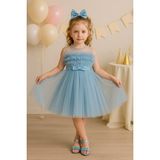 Treemass 514 Abiye Kız çocuk Elbisesi Tüllü Saten İncili Düğün ve Doğum Günü - 8 Yaş - Açık Mavi