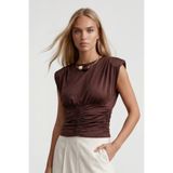 Trend Alaçatı Stili Acı Kahve Bisiklet Yaka Drape Detaylı Vatkalı Sandy Bluz Alc-X15485