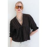 Trend Alaçatı Stili Acı Kahve V Yaka Truvakar Kol Lastikli Fırfır Kumaş Bluz ALC-X15414