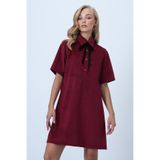Trend Alaçatı Stili ALC-X14536 Bordo Polo Yaka Yarım Pat Düğmeli Dokulu Kadife Mini Elbise