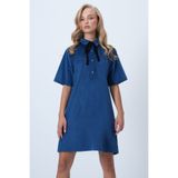 Trend Alaçatı Stili ALC-X14536 Lacivert Polo Yaka Yarım Pat Düğmeli Dokulu Kadife Mini Elbise