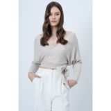 Trend Alaçatı Stili Bej Ön Arka Kruvaze Yaka Bağlama Detaylı Crop Bluz ALC-X14346