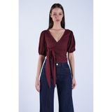 Trend Alaçatı Stili Bordo Balon Kol Kruvaze Belden Bağlamalı Bluz ALC-X15130