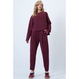 Trend Alaçatı Stili Bordo Bisiklet Yaka Geniş Kesim Bluz Ve Önü Pileli Çift Cepli Pantolon Takım ALC-X14553