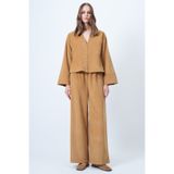 Trend Alaçatı Stili Camel Hakim Yaka Gold Düğme Detaylı Kadife Ceket Ve Palazzo Pantolon İkili Takım ALC-X14633