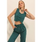 Trend Alaçatı Stili Ceviz Yeşili Kalp Yaka Düğmeli Crop Yelek ALC-X11053