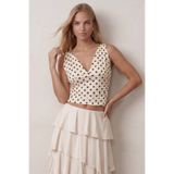 Trend Alaçatı Stili Ekru Askılı Drape Detaylı Puantiyeli Crop Bluz Alc-X15484