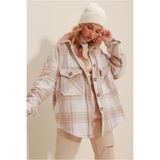 Trend Alaçatı Stili Ekru Bej Ekose Desenli Kaşe Pamuklu Oversize Safari Ceket Gömlek ALC-X7142