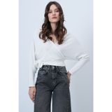 Trend Alaçatı Stili Ekru Ön Arka Kruvaze Yaka Bağlama Detaylı Crop Bluz ALC-X14346