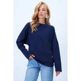 Trend Alaçatı Stili Gece Mavisi Bisiklet Yaka Yarasa Kol Geniş Kesim Basic Bluz ALC-X14391