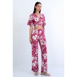 Trend Alaçatı Stili Gül Kurusu-Ekru Kruvaze Yaka Bürümcük Crop Bluz Ve Pantolon Takım ALC-X15210