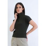 Trend Alaçatı Stili Haki Dik Yaka Fermuarlı Yarım Kol Ottoban Bluz ALC-X15295