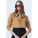 Trend Alaçatı Stili Hardal Kendinden Kuşaklı Oversize Kadife Gömlek ALC-X14622