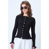 Trend Alaçatı Stili Kadın Acı Kahve Bisiklet Yaka Fırfır Detaylı Önü Düğmeli Örme Bluz ALC-X14533