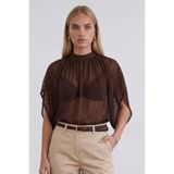 Trend Alaçatı Stili Kadın Acı Kahve Dik Yaka Bağlamalı Drape Detaylı Şifon Bluz Alc-X15480