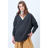 Trend Alaçatı Stili Kadın Antrasit V Yaka Kruvaze Kesimli Oversize Sweatshırt ALC-X14555