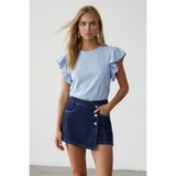 Trend Alaçatı Stili Kadın Bebe Mavi Bisiklet Yaka Volanlı İncili Bluz Alc-X15531