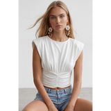 Trend Alaçatı Stili Kadın Beyaz Bisiklet Yaka Drape Detaylı Vatkalı Sandy Bluz Alc-X15485