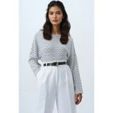 Trend Alaçatı Stili Kadın Beyaz Çizgili Bisiklet Yaka Yarasa Kol Geniş Kesim Triko Bluz ALC-X14392