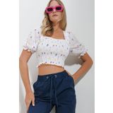 Trend Alaçatı Stili Kadın Beyaz Kare Yaka Karpuz Kol Gipeli Crop Keten Bluz ALC-X11651