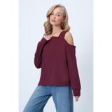 Trend Alaçatı Stili Kadın Bordo Asimetrik Kesim Omuzu Bant Detaylı Örme Bluz ALC-X14574