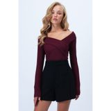 Trend Alaçatı Stili Kadın Bordo Geniş Yakalı Ottoban Bluz Alc-X14342