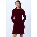 Trend Alaçatı Stili Kadın Bordo Kayık Yaka Kolu Ve Eteği Fırfırlı Triko Elbise ALC-X14285