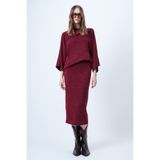 Trend Alaçatı Stili Kadın Bordo Yaka Tasarımlı Yarasa Kol Triko Bluz Ve Kalem Etek Takım ALC-X14625