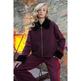 Trend Alaçatı Stili Kadın Bordo Yakası Ve Kolu Peluş Detaylı Önü Fermuarlı Triko Ceket ALC-X14544