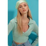 Trend Alaçatı Stili Kadın Çağla Yeşili Polo Yaka Fitilli Yumuşak Dokulu Crop Bluz ALC-X7322