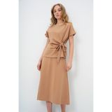 Trend Alaçatı Stili Kadın Camel Bisiklet Yaka Drape Detaylı Bluz Ve Kloş Etek Takım ALC-X13479