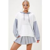 Trend Alaçatı Stili Kadın Ekru Renk Bloklu Oversıze Kapüşonlu Sweatshirt ALC-X4977
