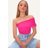 Trend Alaçatı Stili Kadın Fuşya Madonna Yaka Beli Drapeli Gofre Kumaş Bluz ALC-X13467