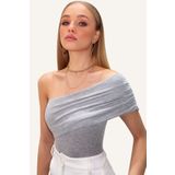 Trend Alaçatı Stili Kadın Grimelanj Yumuşak Dokulu Madonna Yaka Beli Drapeli Yazlık Bluz ALC-X13468
