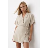 Trend Alaçatı Stili Kadın Ham Keten Ceket Yaka Oversize Keten Gömlek Ve Bağlamalı Şort Etek Takım Alc-X13941