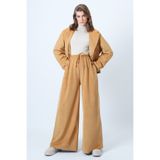 Trend Alaçatı Stili Kadın Hardal Çift Cepli Bağlama Detaylı Bol Paça Kadife Pantolon ALC-X14569