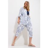 Trend Alaçatı Stili Kadın İndigo Desenli Kimono Ceket Ve Pantolonlu Keten Dokuma Alt Üst Takım Alc-X11752