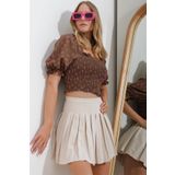 Trend Alaçatı Stili Kadın Kahve Kare Yaka Karpuz Kol Gipeli Crop Keten Bluz ALC-X11651