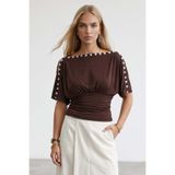 Trend Alaçatı Stili Kadın Kahve Kayık Yaka Düğmeli Sandy Bluz Alc-X15536