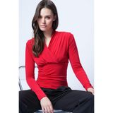 Trend Alaçatı Stili Kadın Kırmızı Kruvaze Kesim V Yaka Beli Korsajlı Sandy Bluz ALC-X14372
