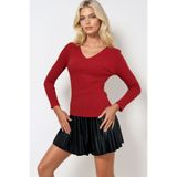 Trend Alaçatı Stili Kadın Kırmızı V Yaka Kaşkorse Basic Bluz ALC-X13290