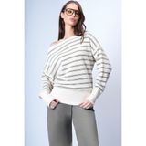 Trend Alaçatı Stili Kadın Krem Çizgili Bisiklet Yaka Çizgili Yarasa Kol Geniş Kesim Triko Bluz ALC-X14392